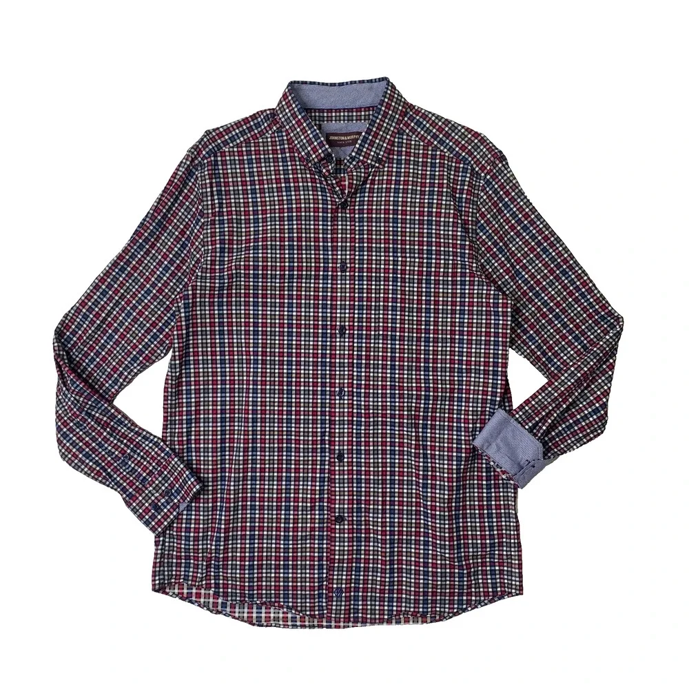 Johnston & Murphy Shirt Mens Medium Slim Flip Cuff Plaid Button Down Long Sleeve